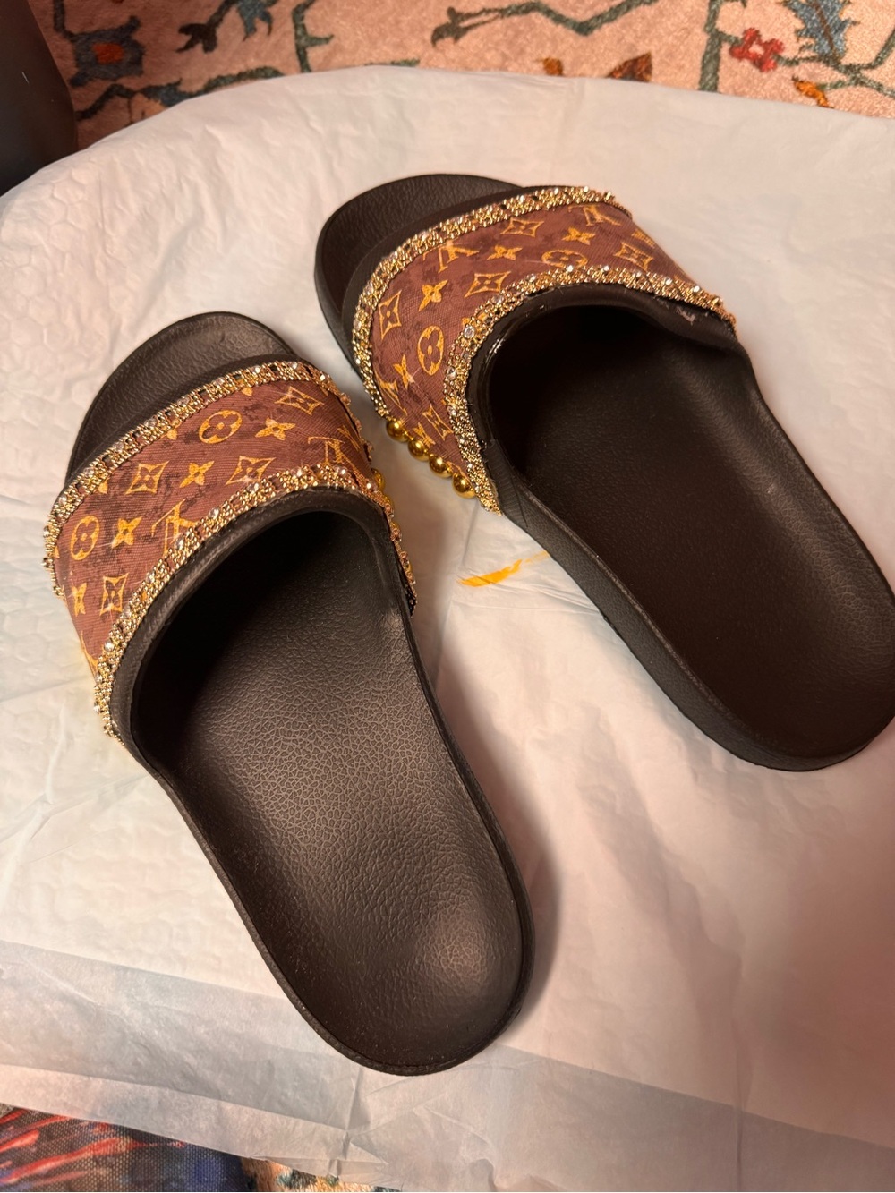 Designer-Inspired Brown Monogram Slide Sandals with Gold Trim
